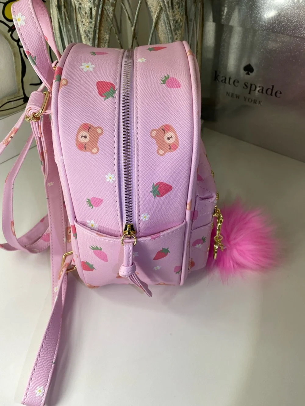 Under One Sky Pink Bear & Strawberry Mini Backpack with Pink Pom Charm EUC